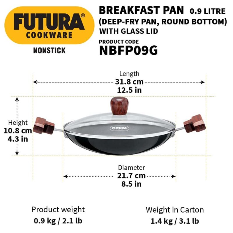 Hawkins FUTURA 0.9 Litre Breakfast Pan with Glass Lid, Nonstick Cookware, Appachatty, Chetty Pan, Appam Patra, Round Bottom Kadai, Black (NBFP09G) - 217 mm - Image 6