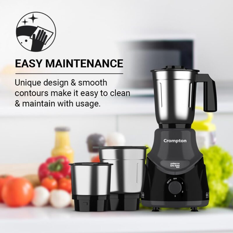 Crompton DS 500 BLK 500-Watt Mixer Grinder with Powertron Motor & Motor Vent-X Technology (3 Stainless Steel Jars, Black & Grey) - Image 6