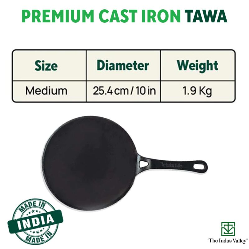 The Indus Valley Pre-Seasoned Cast Iron Concave Dosa Tawa + Free Wooden flip | 25.4cm/10 inch, 1.9kg | Gas Stove Compatible | Naturally Nonstick, 100% Pure & Toxin-Free, No Chemical Coating - Image 9