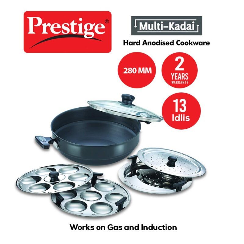 Prestige Hard Anodised Multi Kadhai | 28 cm | Black | Induction Base | Multi-Purpose Accesories - Idli Stand, Dhokla Stand and Steamer | Round Bottom | Durable Handles - Image 6