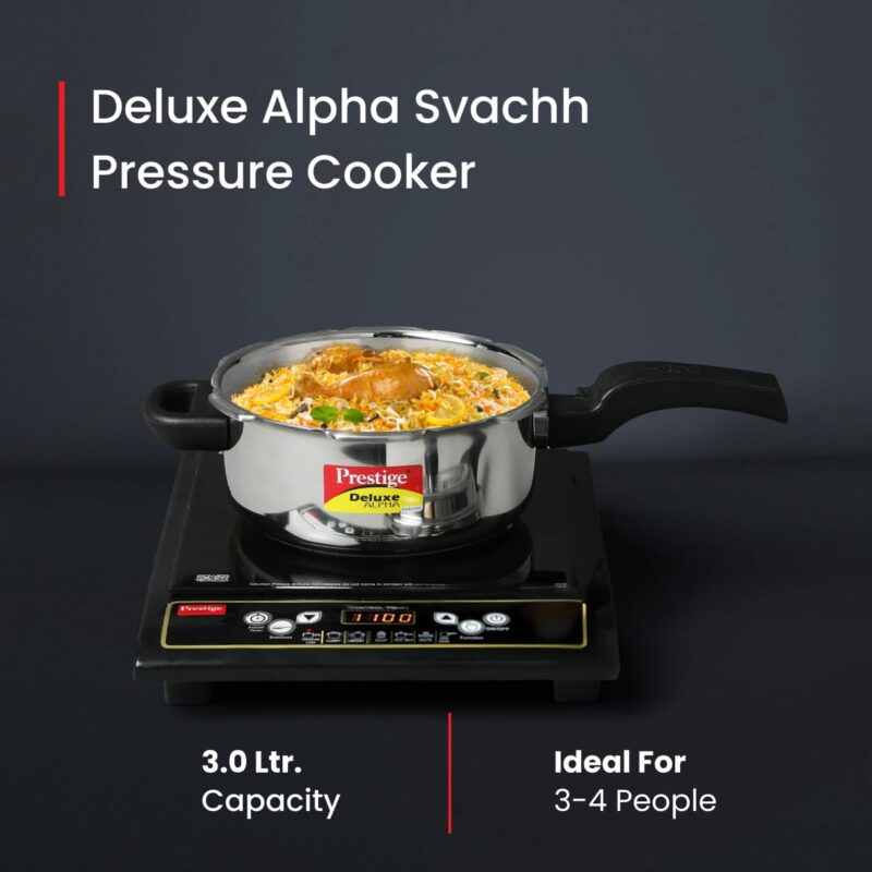Prestige 3L Svachh Deluxe Alpha stainless steel Pressure Cooker|Outer lid|3-4 personsl|Deep lid for spillage control|Gas & induction compatible|Controlled GasketRelease System|Silver|10 years warranty - Image 6
