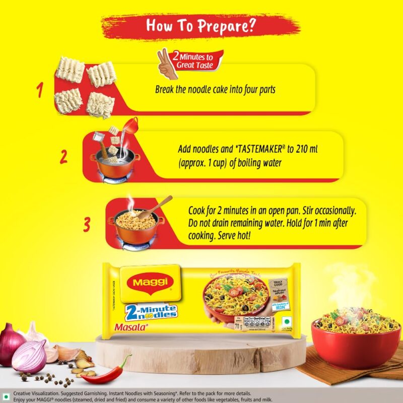 MAGGI 2-Minute Instant Noodles, Masala Noodles With Goodness Of Iron, Made With Choicest Quality Spices, Favourite Masala Taste, 70G ( Pack Of 12 ), 840 Gram - Image 4
