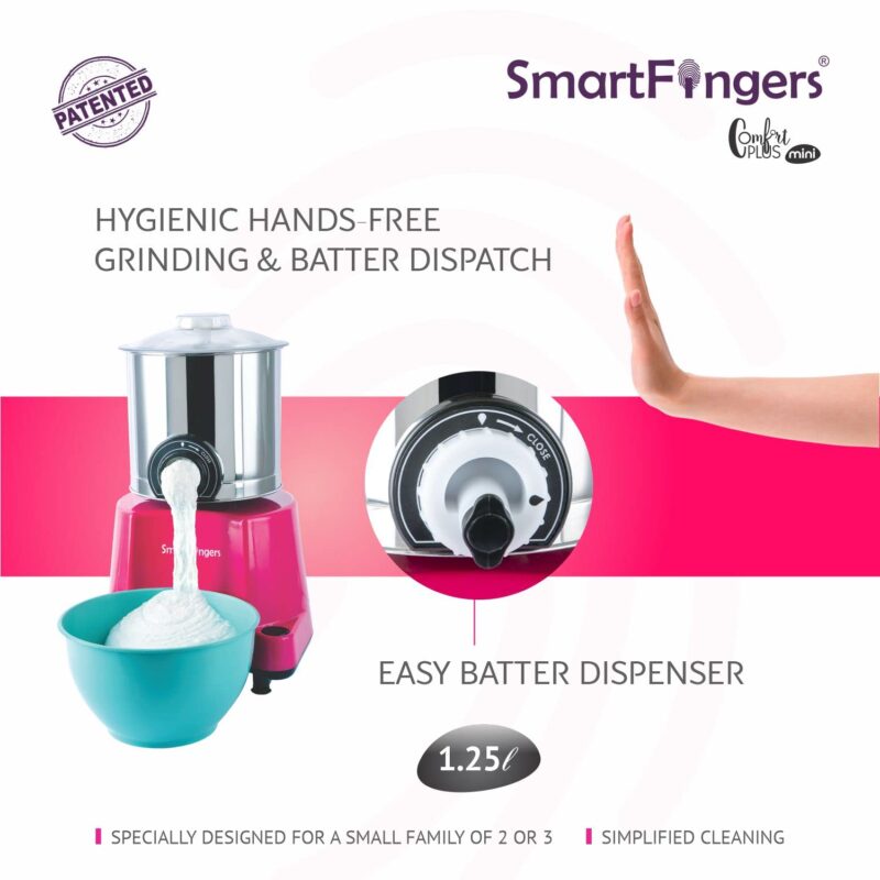 SmartFingers Comfort Plus Mini Table Top Wet Grinder 230V 50hz, 1.25 Liter, Pink - Image 6