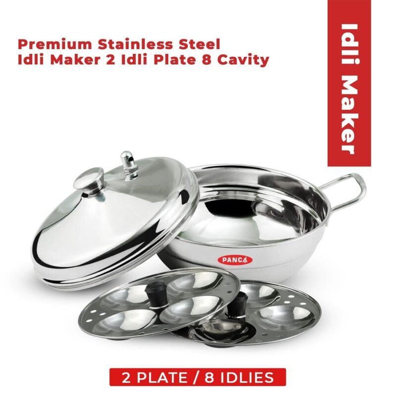 PANCA Stainless Steel Multi Purpose Kadai with Steel Lid, Idli Maker 2 Idli Plate 8 Cavity Idli Cooker Stainless Steel Idly Pot with Steamer - Image 2