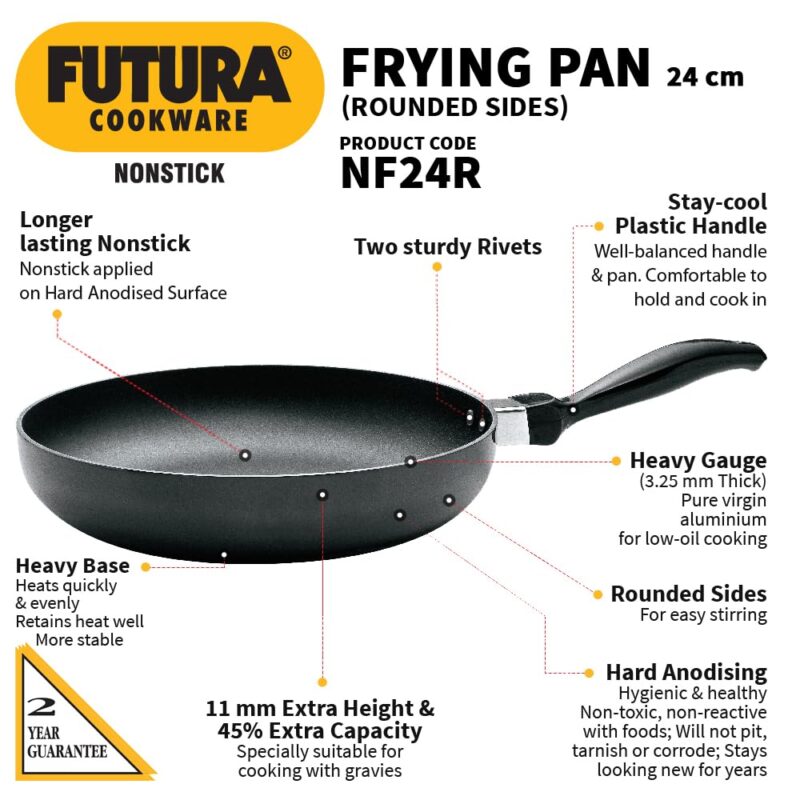 Hawkins Futura 24 cm Frying Pan, Non Stick Fry Pan, Rounded Side Frypan for Easy Stirring, Black (NF24R) - Image 7