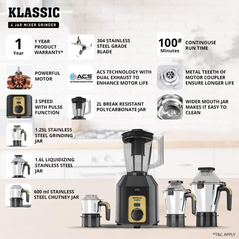 Havells Klassic 1000 watts 4 Jar Mixer Grinder I 2.5 Kg Double Ball Bearing Copper Motor I 22000 RPM I 100 Minutes Run Time I Metal Teeth Coupler & Jar Base I Polycarbonate Jar, Lids with Lock (Grey) - Image 10