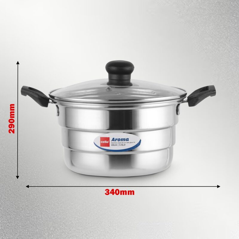 Cello Aroma Stainless Steel Idli Pot with Glass Lid with Multiple Plates 22cm, Silver, 3.5 liter | Compatible With Gas Stove & Induction | Ideal For Dhokla, Patra, Idli, and Momos - Image 2