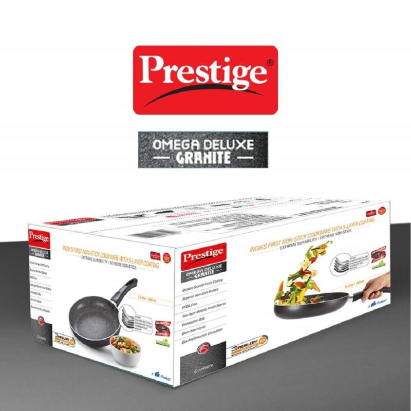 Prestige Omega Deluxe Granite Non-Stick Round Base Fry Pan, 28cm - 3L |Metal Spoon Friendly |Aluminium|Durable Granite Finish|Black - Image 3
