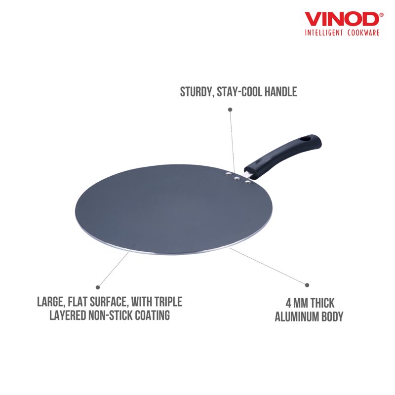 Vinod Zest Aluminium Non Stick Flat Multi Tawa - 32.5 cm | Triple Layer Ceramic Coating | 4mm Extra Thick Roti Tawa | Bakelite Handle | Gas and Induction Base | 1 Year Warranty - Image 4