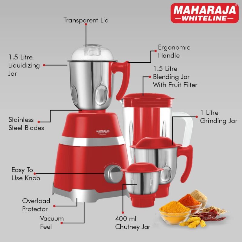 Maharaja Whiteline Ultramax Elite Mixer Grinder with 4 Jars, Long Lasting Performance with 800 Watt Motor | Vacuum Feet | Overload Heat Protector | 5 Year Motor Warranty (Red) Plastic - Image 5