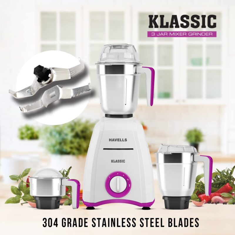 Havells Klassic 750 watts 3 Jar Mixer Grinder with 304 SS Blades, Large Size SS Jars, Break Resistant Polycarbonate Transparent Jar Lids With Twist & Lock Mechanism - Image 4