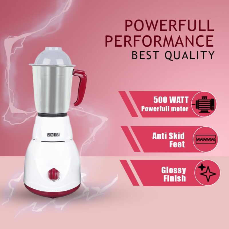 Jaia Fusion Mixer Grinder 500-Watt Mixer Grinder with 3 Jars Liquidizing Wet Grinding and Chutney Jar Stainless Steel blades 1 Year Warranty - Image 4