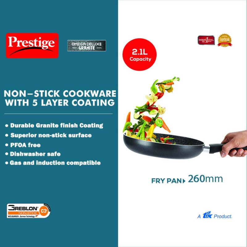 Prestige Non-Stick Omega Deluxe Granite Fry Pan with Lid | 26 Centimetre | Black | Induction Base | 5 Layer Non-Stick Cookware | Dishwasher Compatible - Image 6