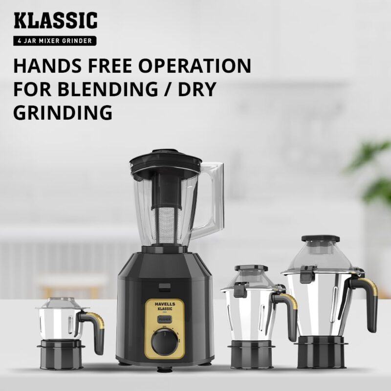 Havells Klassic 1000 watts 4 Jar Mixer Grinder I 2.5 Kg Double Ball Bearing Copper Motor I 22000 RPM I 100 Minutes Run Time I Metal Teeth Coupler & Jar Base I Polycarbonate Jar, Lids with Lock (Grey) - Image 3