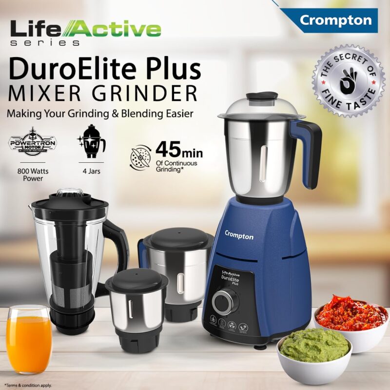 Crompton DuroElite Plus 800 W Mixer grinder with 4 Jars (3 stainless steel Jars+ 1.5L Juicer Jar with Fruit Filter)| Heavy Duty Powertron Motor & Motor Vent-X Technology |Blue - Image 7