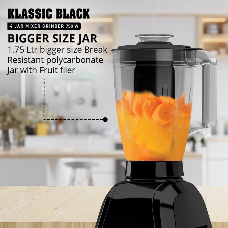 Havells Klassic 750 Watt 4 Jar Mixer Grinder, 21000 RPM Heavy Duty Universal Motor, 304 SS Blades, Large Size Break Resistant JarLids With Twist & Lock Mechanism- Black - Image 7