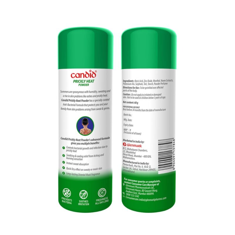 Candid Prickly Heat Powder | Relief from Rashes & Prickly Heat | Neem & Menthol Cooling | Soothing Relief from Itching & Burning | Sweat Absorption | Controls Bacterial Growth | 120g - Image 7
