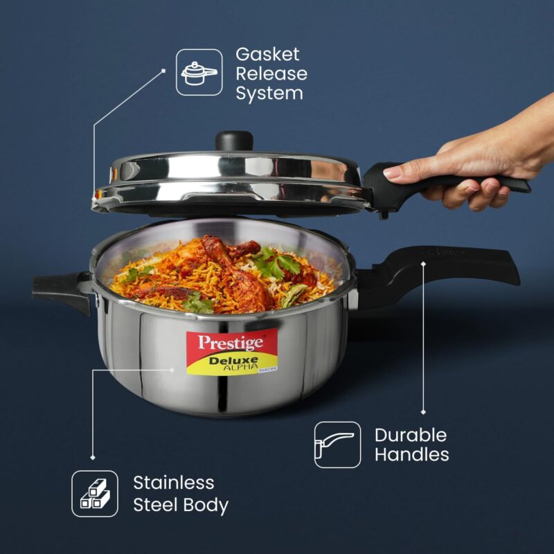 Prestige 5L Deluxe Alpha Svachh stainless steel Pressure Cooker|Outer lid|Ideal for 5-7 persons|Deep lid for spillage control|Gas & induction compatible|Silver - Image 6