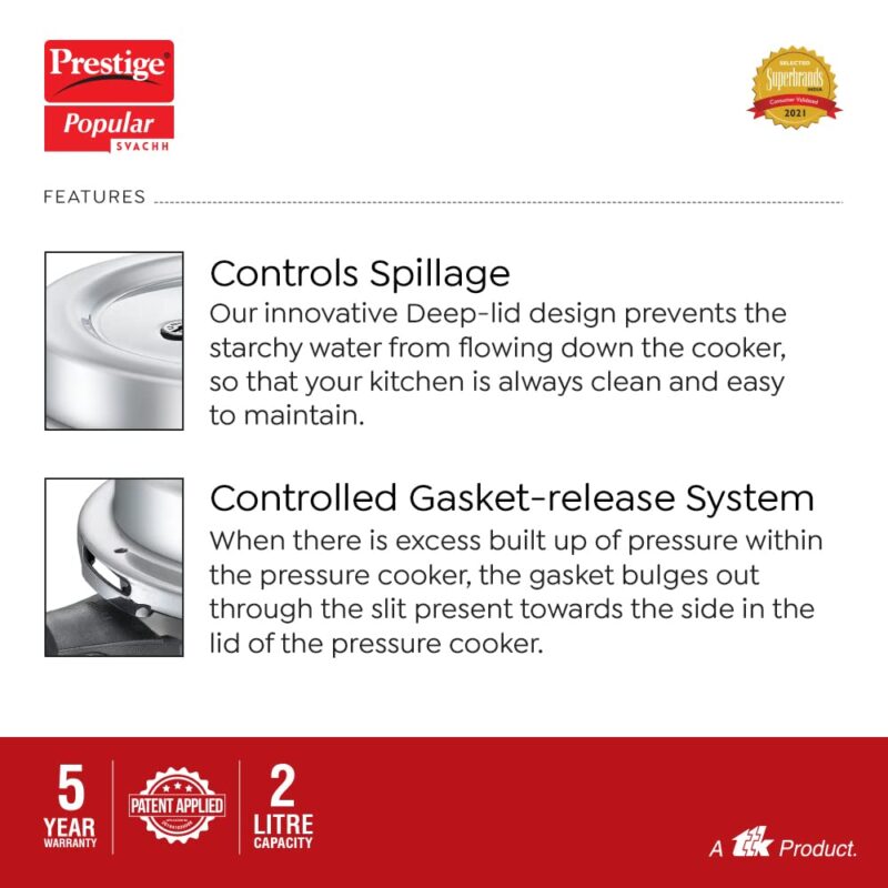 Prestige 2L Popular Svachh Aluminium Outer Lid Pressure Cooker|Ideal for 2-3 Persons|Deep lid for Spillage Control|5 Years Warranty - Image 5