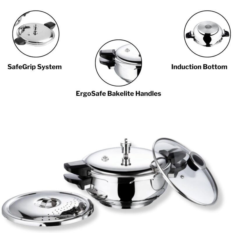 Vinod Magic Stainless Steel Smart 3 in 1 Pressure Cooker 3.5 Litre | 5mm Thick Base | All in One Cooker with Strainer & Glass Lid | Induction and Gas Base | ISI certified | 2 Years Warranty - Image 4