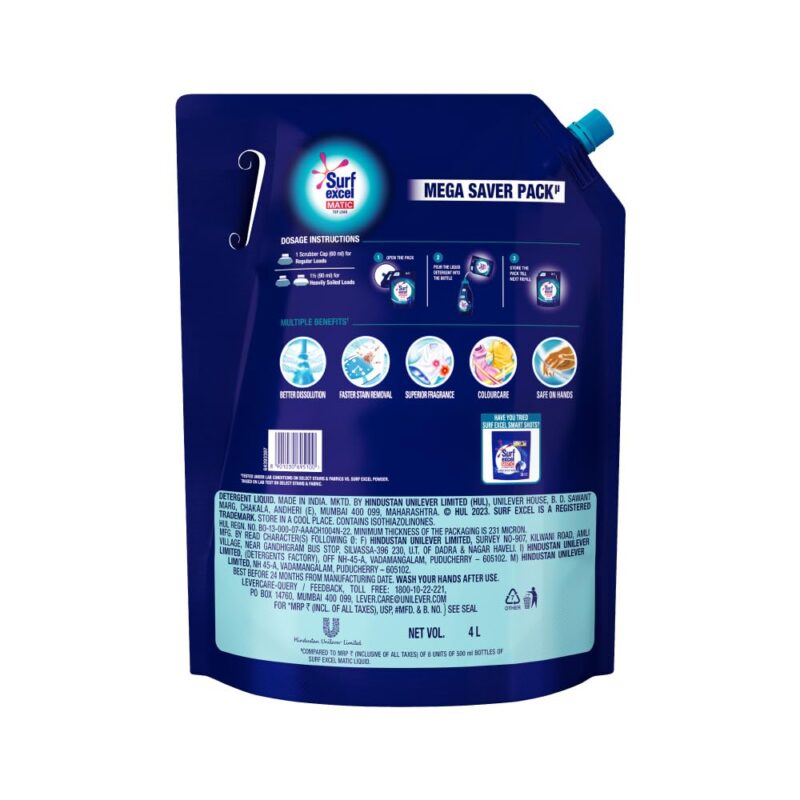 Surf Excel Matic Top Load Liquid Detergent 4L Refill Pouch, Specially designed to remove Tough Dried Stains, 1st time in Washing Machine - Image 6