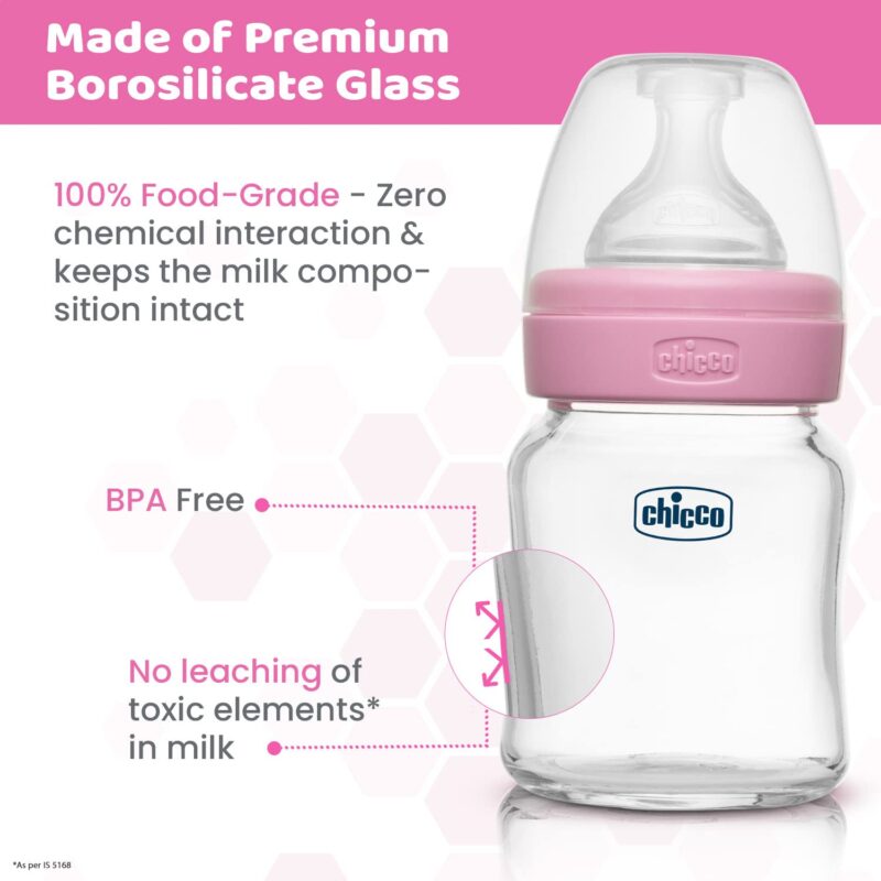 Chicco Well-Being Glass Feeding Bottle for Babies (120ml, Slow Flow) | Premium Borosilicate Glass for High Durability | Elongated Teat for Correct Latch | Comes with Anti-Spill Cap | BPA Free (Pink) - Image 7