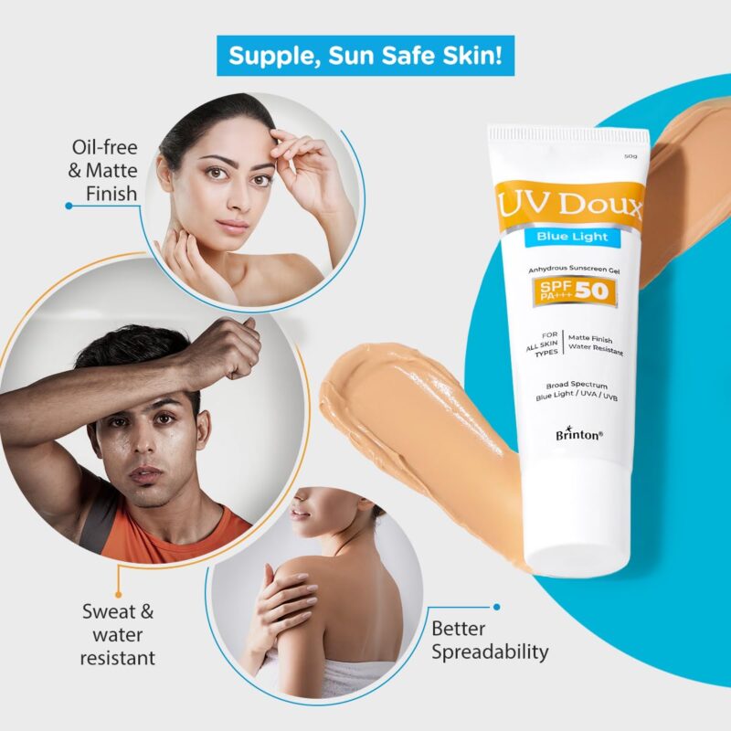 Brinton UV Doux Blue Light Sunscreen Protection Gel SPF 50 PA+++ UVA/UVB for Men & Women | Matte Finish & Water Resistant | For All Skin Types, 50g - Image 3