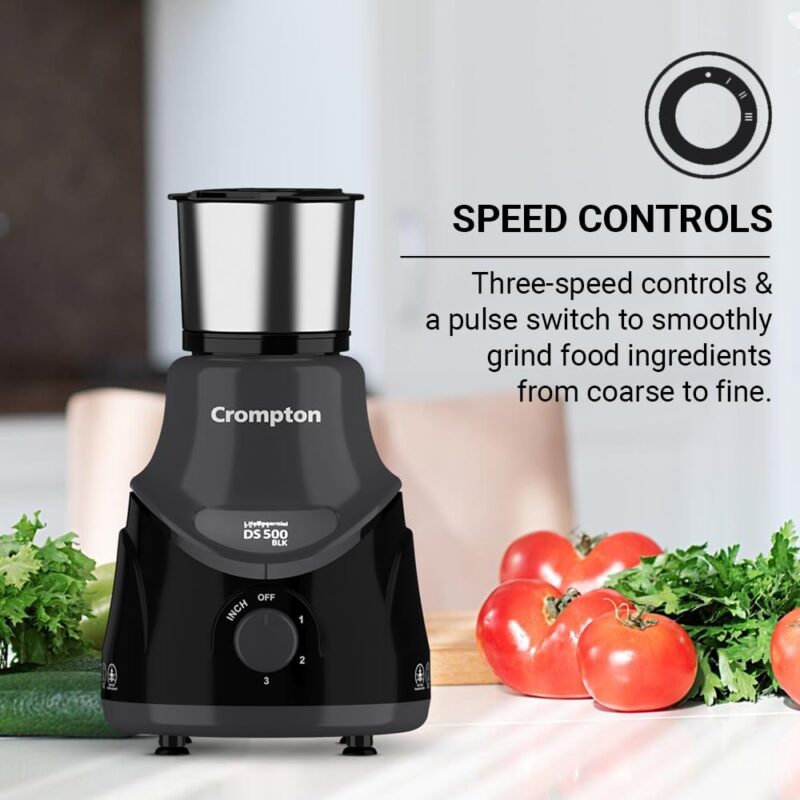Crompton DS 500 BLK 500-Watt Mixer Grinder with Powertron Motor & Motor Vent-X Technology (3 Stainless Steel Jars, Black & Grey) - Image 4