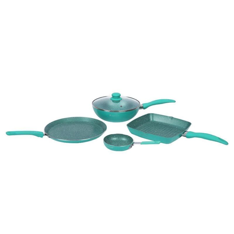 Celebration Non-stick Cookware Set, 5Pc (Wok with Lid, Mini Fry Pan, Dosa Tawa, Grill Pan), Induction Friendly, Soft Touch Handle, Pure Grade Aluminium, PFOA/Heavy Metals Free, 2.2mm, 2 Years Warranty, Turquoise blue - Image 8