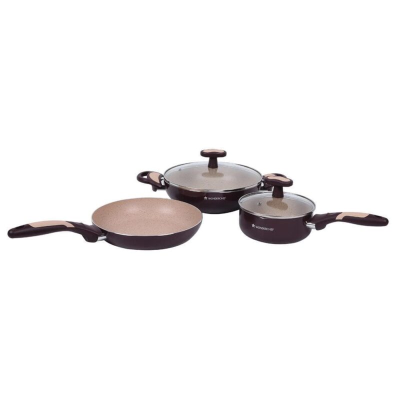 Burlington Nonstick Cookware Set, 5Pc (Wok with Lid, Sauce Pan With Lid, Fry Pan), Induction Bottom, Soft-touch Handles, Virgin Grade Aluminium, PFOA/Heavy Metals Free, 3mm, 2 Years Warranty, Maroon and Beige - Image 7