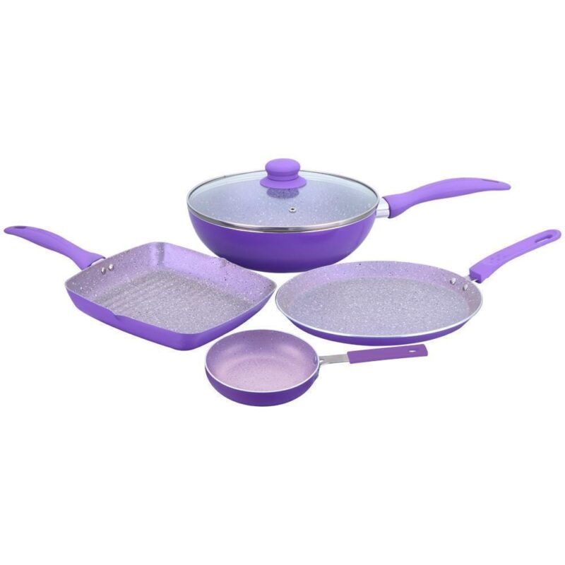Celebration Aluminum Non-Stick Cookware 5 pc Set | Kadhai with Glass Lid 24cm, Grill Pan 24cm, Dosa Tawa 28cm, Mini Fry Pan 12cm | Induction Bottom | Soft Touch Handles | Pure Grade Aluminium | PFOA Free | 2 Year Warranty | Purple - Image 7