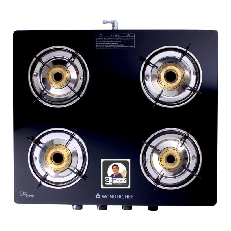 Ultima 4 Burner Manual Glass Cooktop | 6mm Toughened Glass Cooktop | Stainless Steel Drip tray | Anti-Skid Legs | Large Pan support | Manual Ignition | 360 degree Revolving Nozzle | Black steel frame | 2 Year Warranty | Black - Image 3