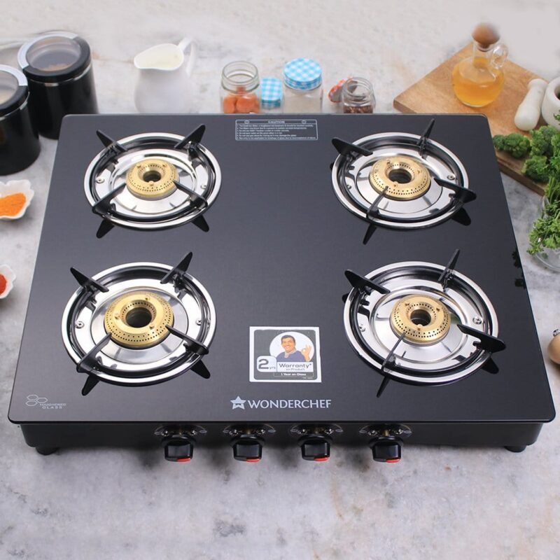 Ruby  4 Burner Glass Cooktop, Black Toughened Glass with 1 Year Warranty, Ergonomic Knobs,  Heat-Efficient Brass Burners, Stainless-steel Spill Tray, Manual Ignition - Image 18