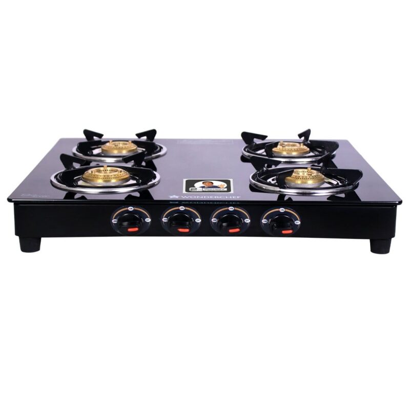 Ruby  4 Burner Glass Cooktop, Black Toughened Glass with 1 Year Warranty, Ergonomic Knobs,  Heat-Efficient Brass Burners, Stainless-steel Spill Tray, Manual Ignition - Image 3