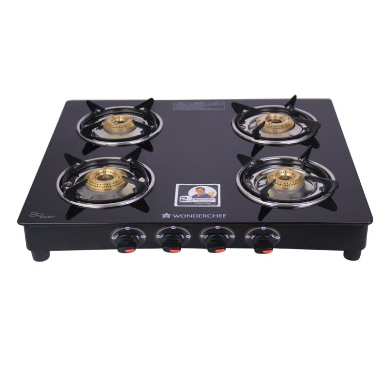Ruby  4 Burner Glass Cooktop, Black Toughened Glass with 1 Year Warranty, Ergonomic Knobs,  Heat-Efficient Brass Burners, Stainless-steel Spill Tray, Manual Ignition - Image 4