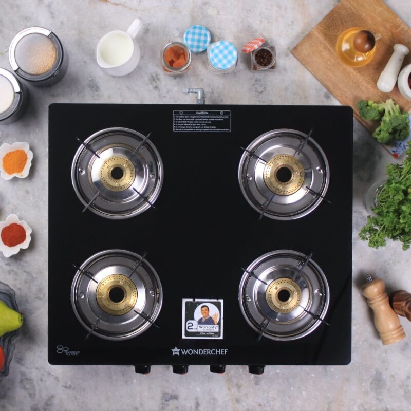 Ruby  4 Burner Glass Cooktop, Black Toughened Glass with 1 Year Warranty, Ergonomic Knobs,  Heat-Efficient Brass Burners, Stainless-steel Spill Tray, Manual Ignition - Image 20