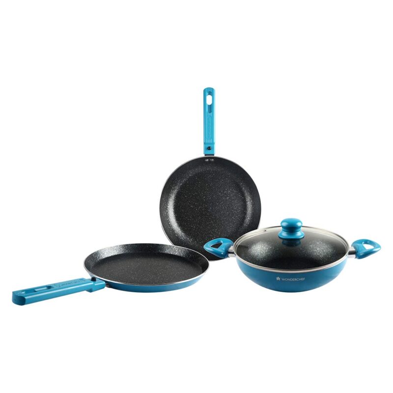 Power Non-Stick Cookware 4 Piece Set | Kadhai with Glass Lid 2.6L, Dosa Tawa 25cm, Fry Pan 24cm | Induction Friendly Bottom | Soft Touch Handles | Pure Grade Aluminium | PFOA Free | 2 Years Warranty | Blue - Image 5