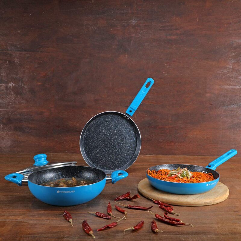 Power Non-Stick Cookware 4 Piece Set | Kadhai with Glass Lid 2.6L, Dosa Tawa 25cm, Fry Pan 24cm | Induction Friendly Bottom | Soft Touch Handles | Pure Grade Aluminium | PFOA Free | 2 Years Warranty | Blue - Image 2