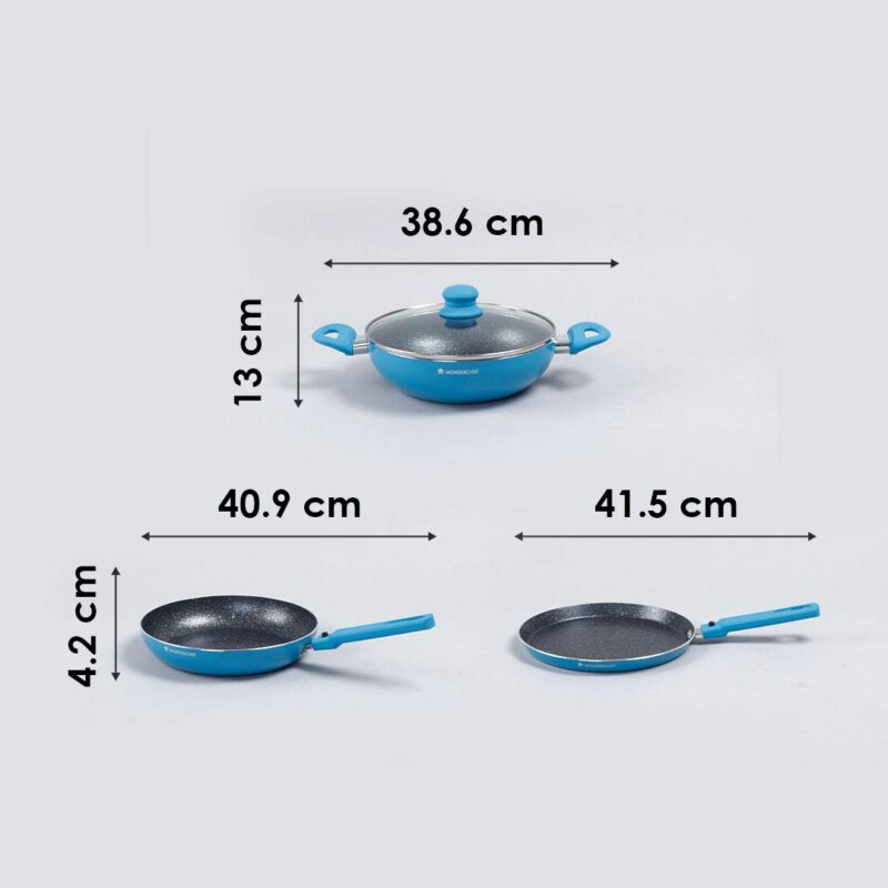 Power Non-Stick Cookware 4 Piece Set | Kadhai with Glass Lid 2.6L, Dosa Tawa 25cm, Fry Pan 24cm | Induction Friendly Bottom | Soft Touch Handles | Pure Grade Aluminium | PFOA Free | 2 Years Warranty | Blue - Image 4