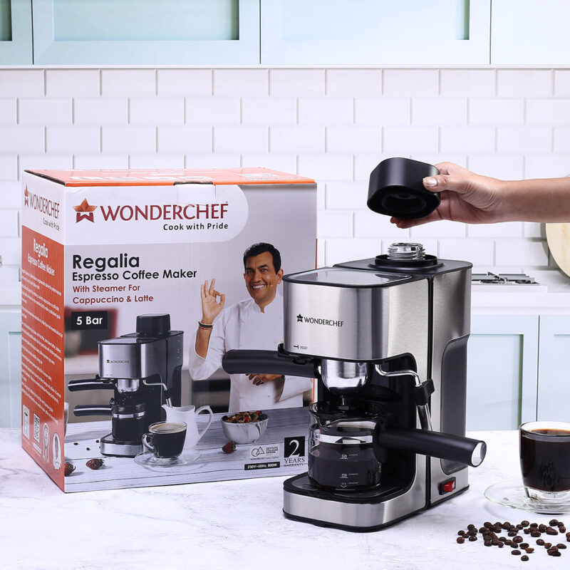 Regalia Espresso Coffee Maker 5 Bar I With Steamer for Cappuccino & Latte | Steam Tube for Froth I Metal Porta Filter & Heat-Resistant Carafe|Stainless Steel Body|Professional Style Coffee| Works with Coffee Powder| 2 Year Warranty| Black & Silver - Image 7