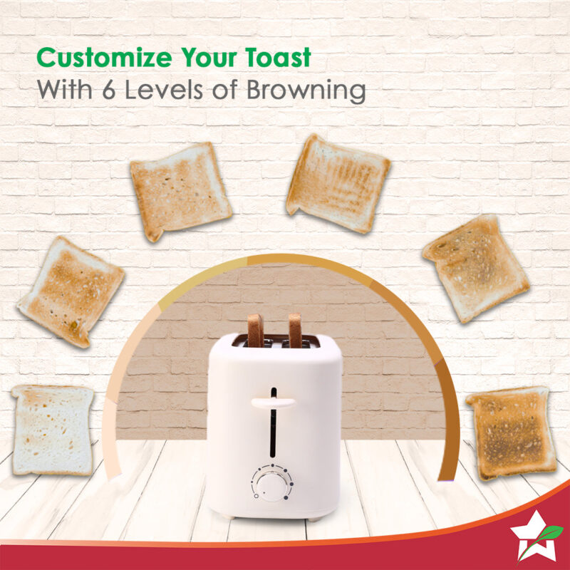 Bellagio 2-Slice Pop-up Toaster with Lid Cover | 800 Watt | 2 Bread Slice | 6- Level Browning Controls|Wide Bread Slots| Auto Shut Off | Easy to Clean| White| 2 Year Warranty - Image 2