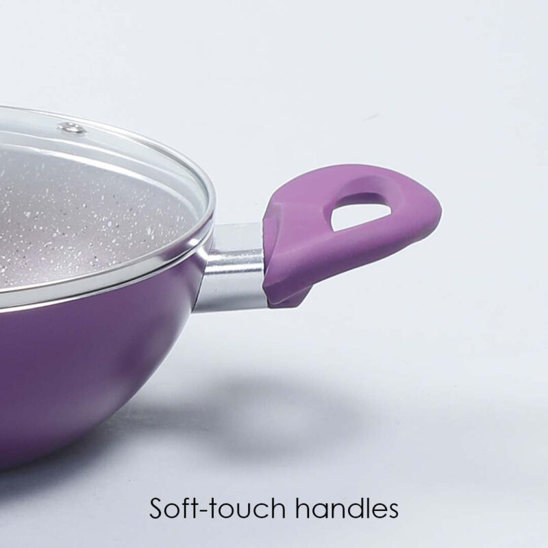Royal Velvet 20 cm Non-Stick Kadhai with Lid and Induction Bottom | Soft-Touch Handle | Virgin Grade Aluminium | PFOA and Heavy Metals Free | 3 mm thick | 1.4 litres | 2 Years Warranty | Purple - Image 5