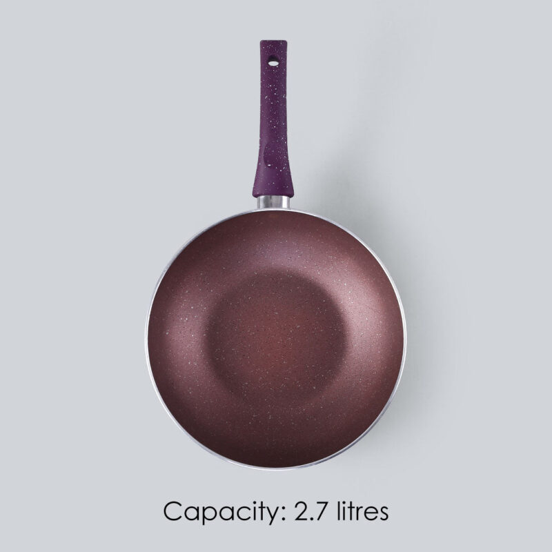 Granite Non-Stick Wok | Glass Lid | Induction Bottom | Soft-Touch Handles | Virgin Aluminium | PFOA and Heavy Metals Free | 3.5mm Thick| 24cm, 2.7 litres | 2 Year Warranty | Purple - Image 5