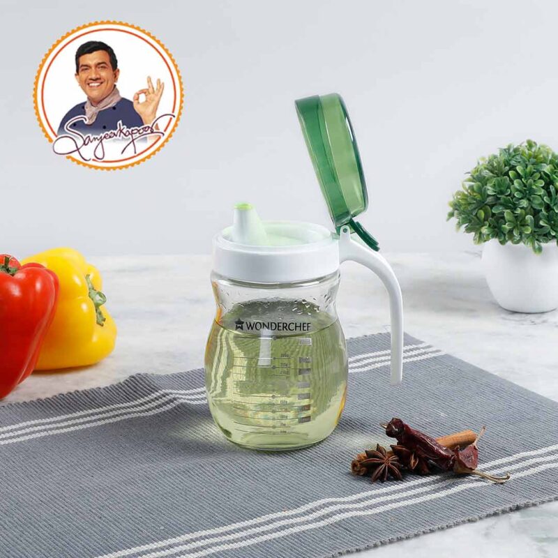 Oil Pourer Glass Bottle for Kitchen, Transparent Oil Pourer and Holder with Green Lid, Accurate Pouring without Wastage, 550ml - Image 5