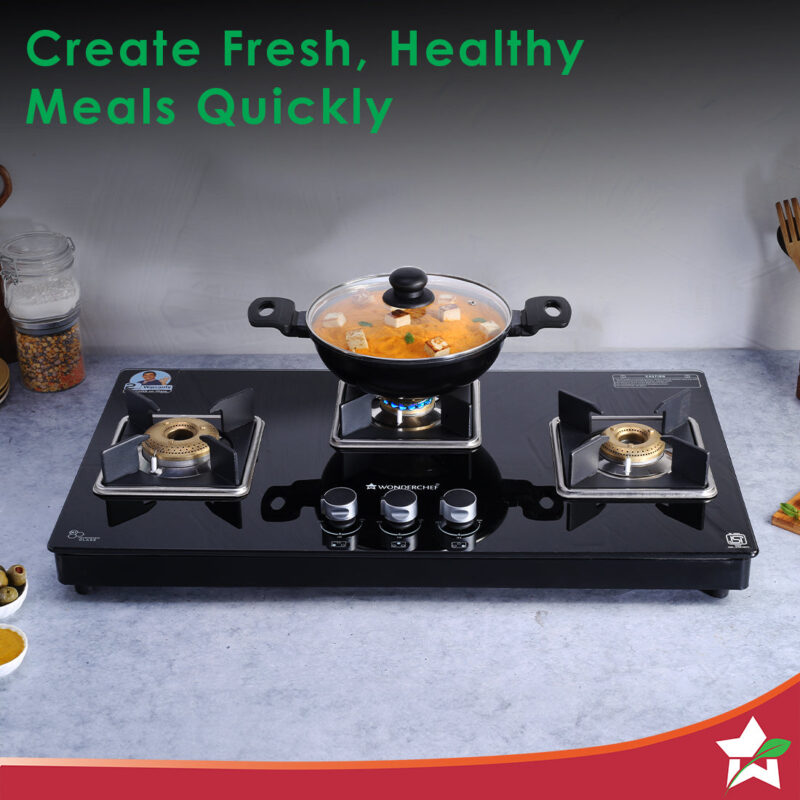 Octavia 3 Burner Glass Hob Top Auto Cooktop | 8mm Toughened Glass | Auto Ignition | Forged Brass Burners | Stainless Steel Drip Tray | Anti-Skid Legs | Large & Heavy Pan support | LPG compatible | Black steel frame | 2 Year Warranty | Black - Image 5