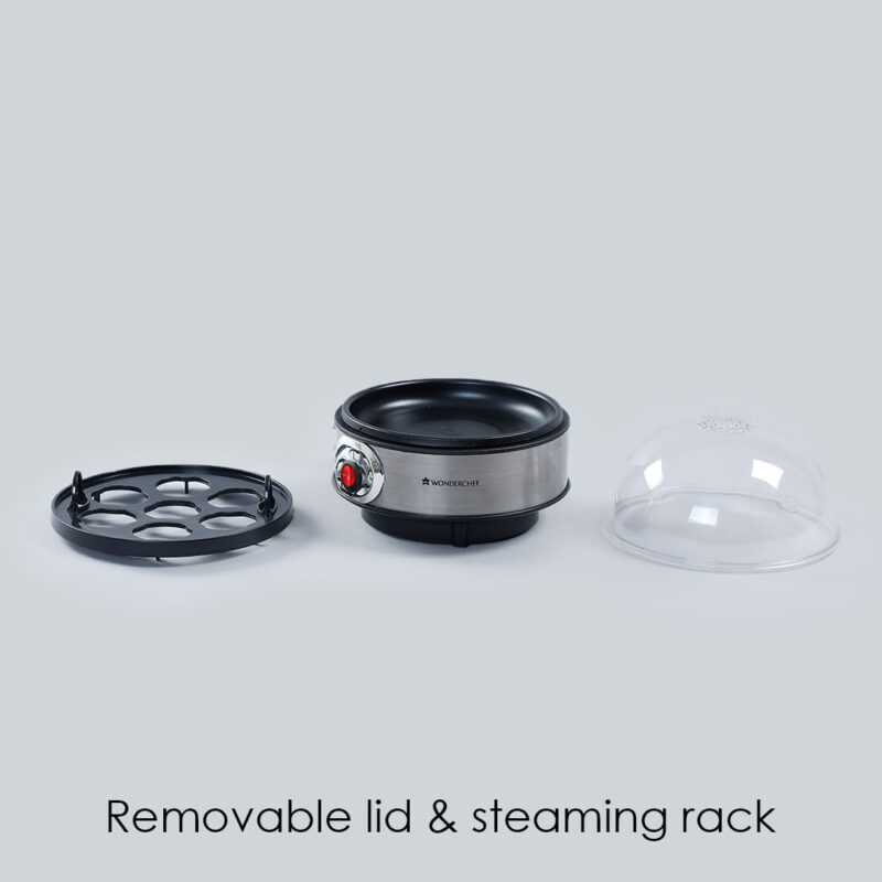 Instant Electric Egg Boiler with 7 Egg Poachers|3 Boiling Modes, Soft, Medium, Hard| Auto Shut Off Technology| Non-stick Egg Rack, Transparent Lid, Stainless Steel Body & Heating Plate, Steamer Rack| Alarm| Easy & Quick Operation| Black| 2 Year Warranty - Image 6