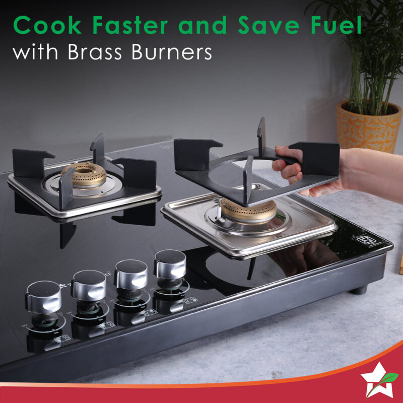 Octavia 4 Burner Glass Hob Top Auto Cooktop | 8mm Toughened Glass | Auto Ignition | Forged Brass Burners | Stainless Steel Drip Tray | Anti-Skid Legs | Large & Heavy Pan support | LPG compatible | Black steel frame | 2 Year Warranty | Black - Image 5