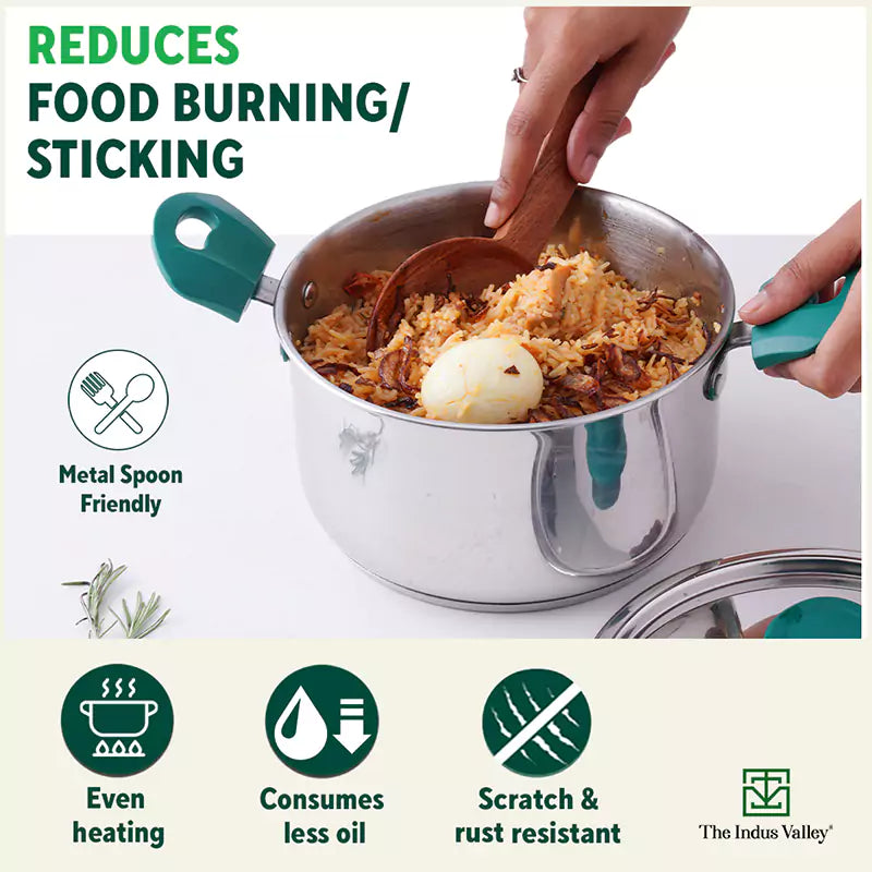 Tri-Steel Stainless Steel Biryani Pot+ Lid, Premium Quality, Tri-ply (3 Layer) Bottom, Soft-touch Handles, 100% Toxin-free, Non-stick, Induction & Gas, 1.5/2 L, 16.9/19 cm - Image 2