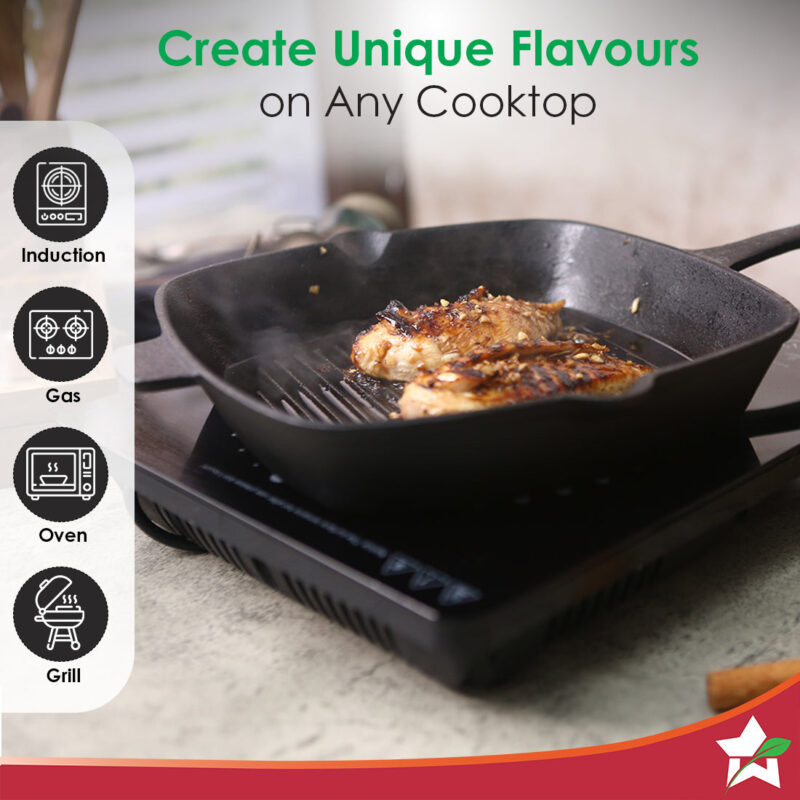 Forza Cast-iron 26 cm Grill Pan, Pre-Seasoned Cookware, Induction Friendly, 3.8 mm - Image 6