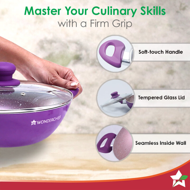 Royal Velvet Non-stick 26cm Kadhai with Lid and Handles | Glass Lid | Induction Ready | Soft-touch handles |Non – Toxic I Virgin Aluminium| 3 mm thick | 2 year warranty | Purple - Image 4